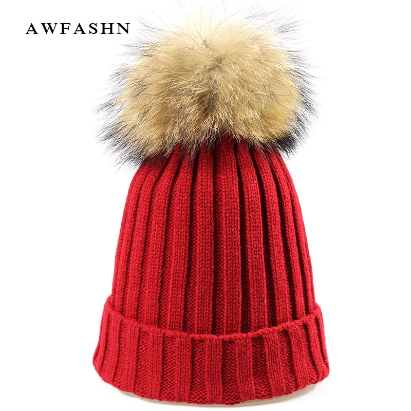 2018 New Fashion Raccoon Fur pom poms Knit Beanies Solid Color Winter