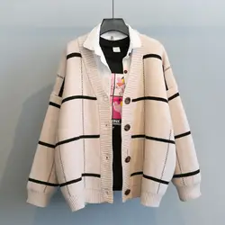 2019 Лидер продаж Новые решетки свитер, женский середине осень, зима длинный, Свободные Корейская версия трикотажная куртка