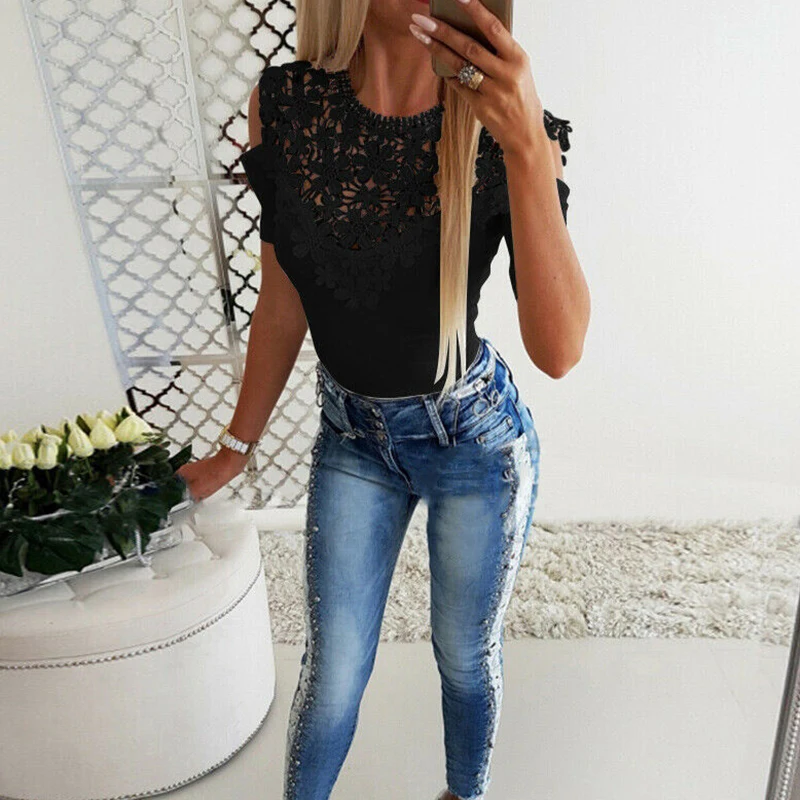 Women Summer Casual Slim T-Shirt Sexy Cold Shoulder Lace Tops Women's Clothes Elegant Ladies Fashion Tunic Shirt Black White