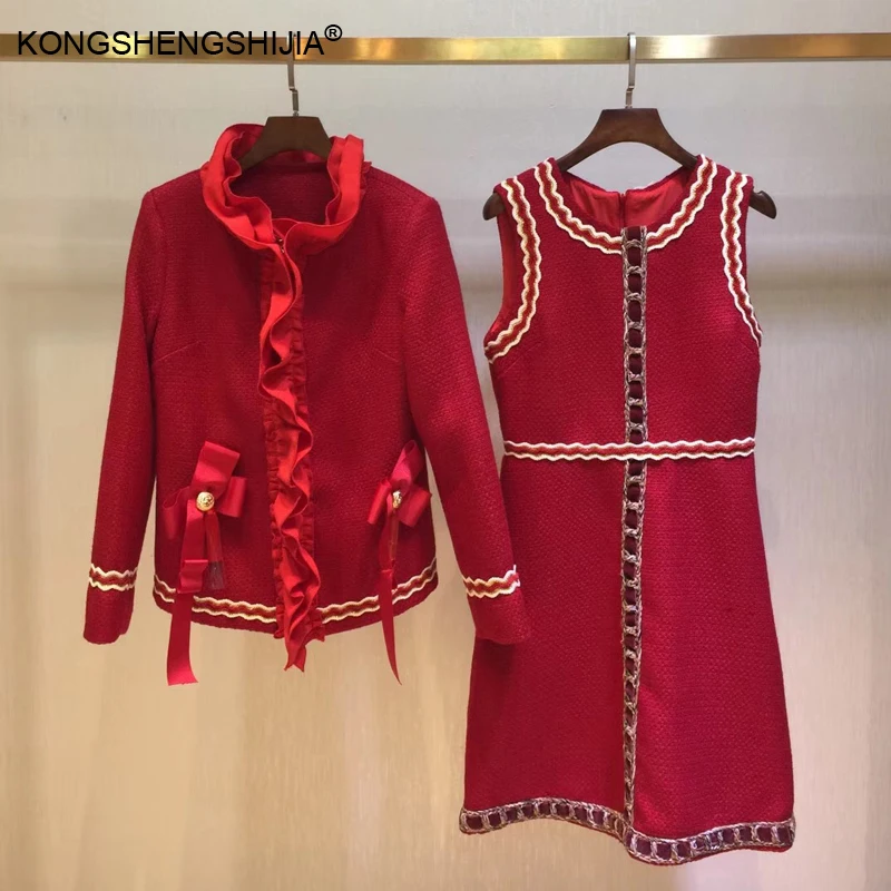

High Quality Wool Suits Runway Design New 2017 Autumn Winter Long Sleeve Ruffles Coat+ Sleeveless Dress two piece Sets