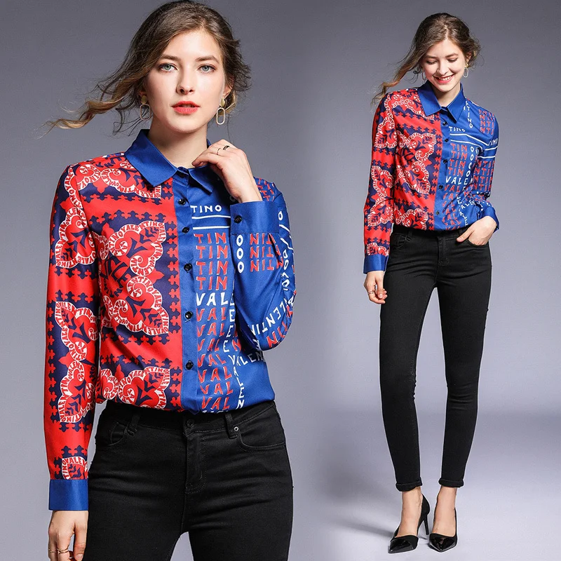 

2019 Spring Summer Fall Runway Vintage Letters Print Collar Long Sleeve OL Turn-Down Neck Womens Party Casual Top Shirts Blouses