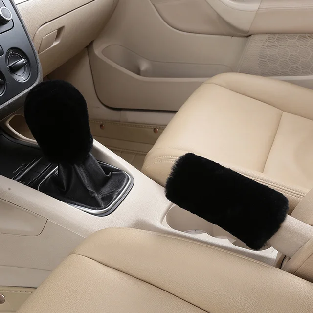 LuckySHD 2Pcs Set Soft Fluffy Auto Gear Shift Knob Cover Handbrake Grip Cover//Grey