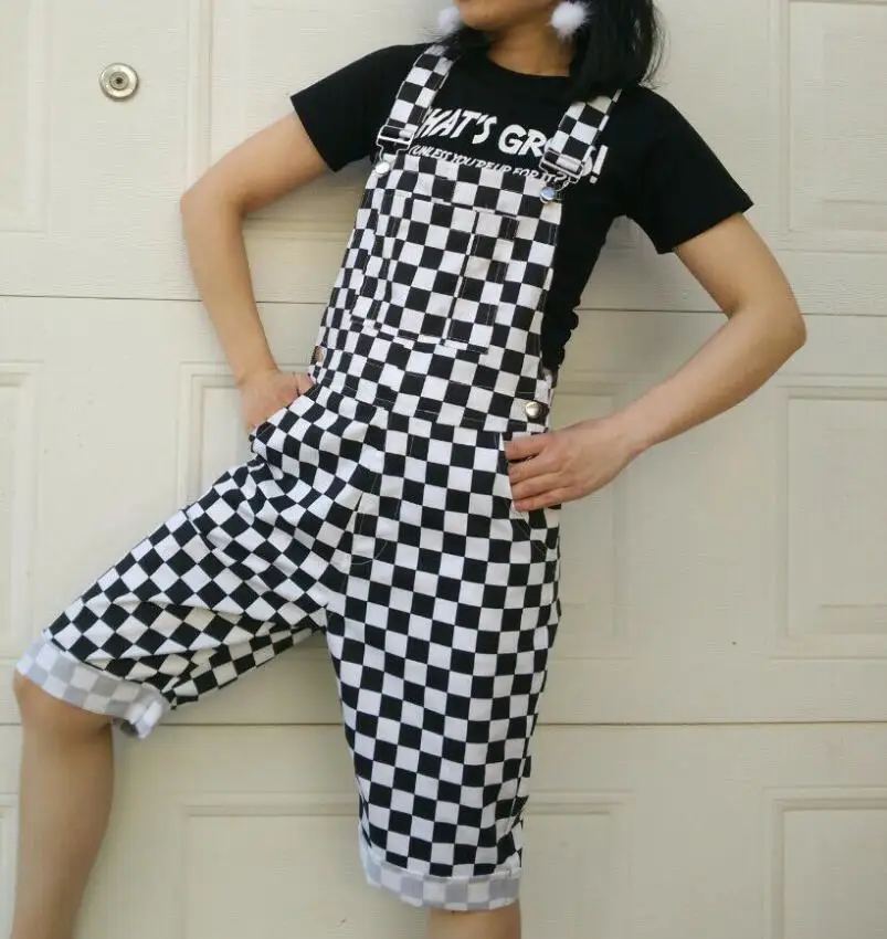 

Plus Size XXL Women Men Checkerboard Plaid Short Jumpsuit Overalls Button Straps Romper Hip hop Playsuit Casual Loose Suspender