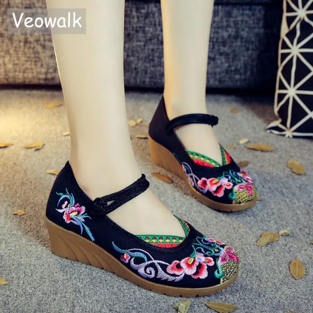 Veowalk/Винтажные женские парусиновые туфли с цветочной вышивкой на плоской