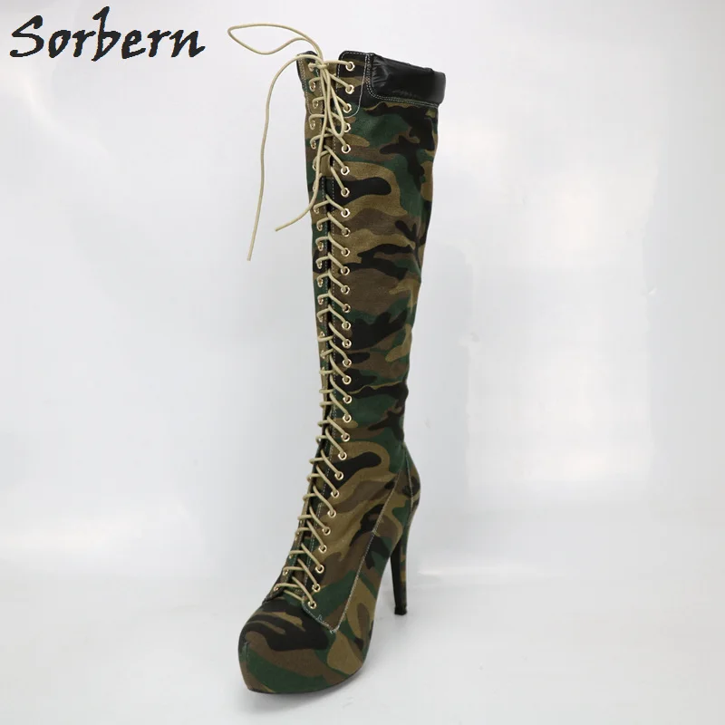 Sorbern Green Camouflage Canvas Knee High Boots For Women Camouflage Knee High Female Boots Long Canvas Bota Feminina