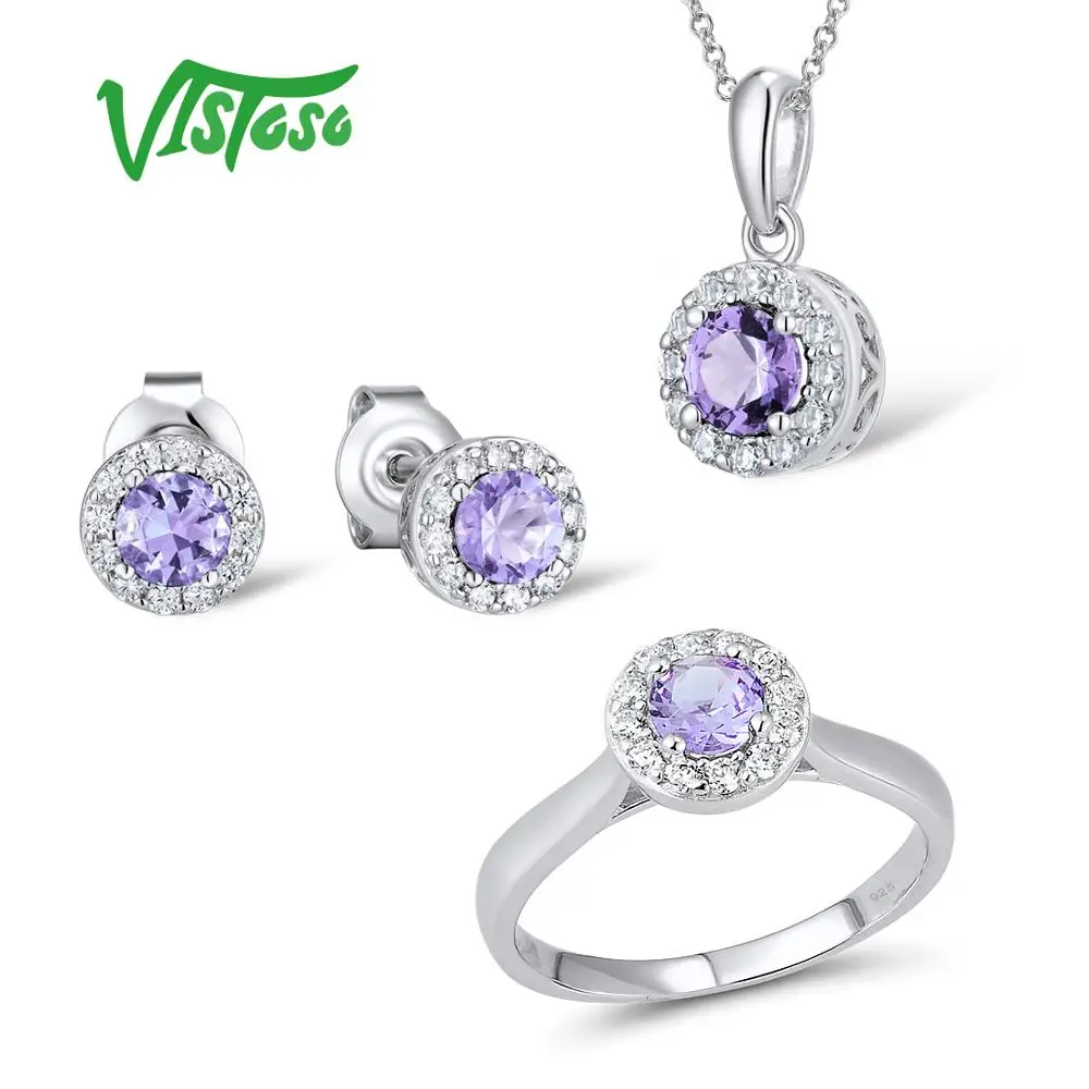 

VISTOSO Jewelry Sets For Woman Purple Crystal Stones Jewelry Set Earrings Pendant Ring 925 Sterling Silver Fashion Fine Jewelry