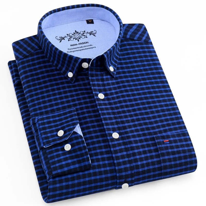

Men's Casual Regular-fit Oxford Button-down Shirts Embroidery Logo at Front Chest Pocket Long-Sleeve Plaid/Striped Printed Shirt