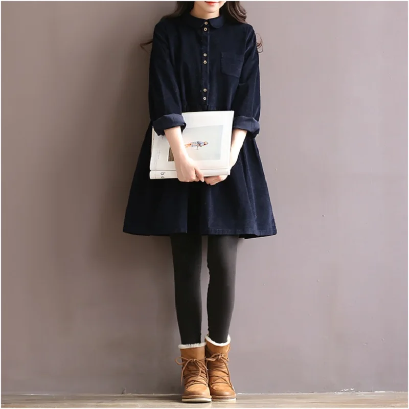 

AREALNA 2019 autumn Women Mini Dress Turn Down Collar Pure Color Corduroy Vestidos Casual Loose Long Sleeve Female Tunic Dress