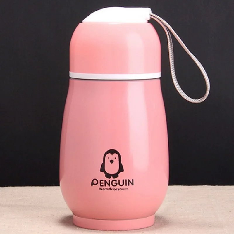 Прекрасный унисекс нержавеющая сталь пингвин Вакуумная бутылка двойной слой портативный с веревкой - Цвет: Pink