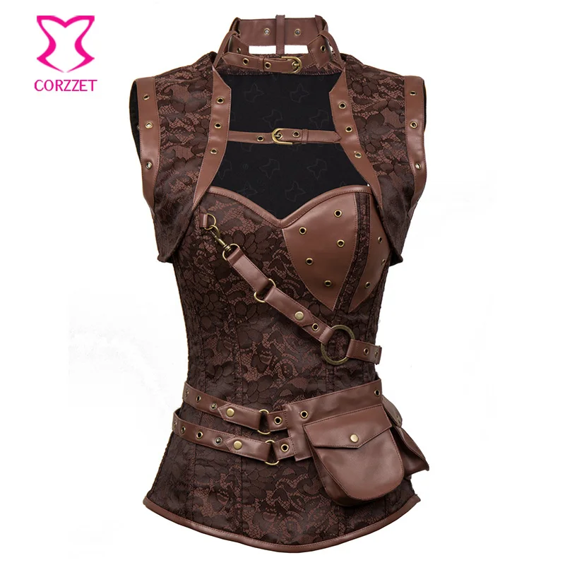 

Vintage Brown Brocade Gothic Jacket Waist Trainer Corset Steampunk Clothing Women Plus Size Corsets And Bustiers S- 6XL Korsett