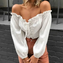 KLV Shoulder Off Sexy Blouse Women Lace Up Long Sleeve White Shirts Short Bandage Cropped Orange Tops Women's Blouses KLV Shoulder Off Sexy Blouse Women Lace Up Long Sleeve White Shirts Short Bandage Cropped Orange Tops Women's Blouses