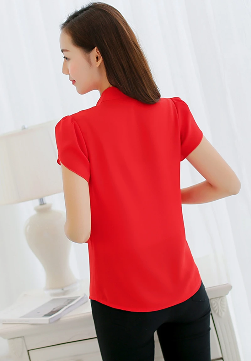 Лето женская шифоновая блузка с коротким рукавом красные женские офисные рубашки размер плюс размер корейский Топ Блузка женская-02