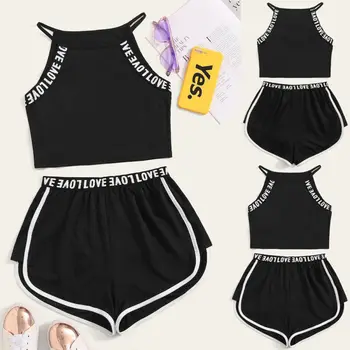 

Sexy Women Sleeveless Summer Clothes Sets Strappy Crop Tops + High Waist Shorts 2PCS Letter Printed Sets