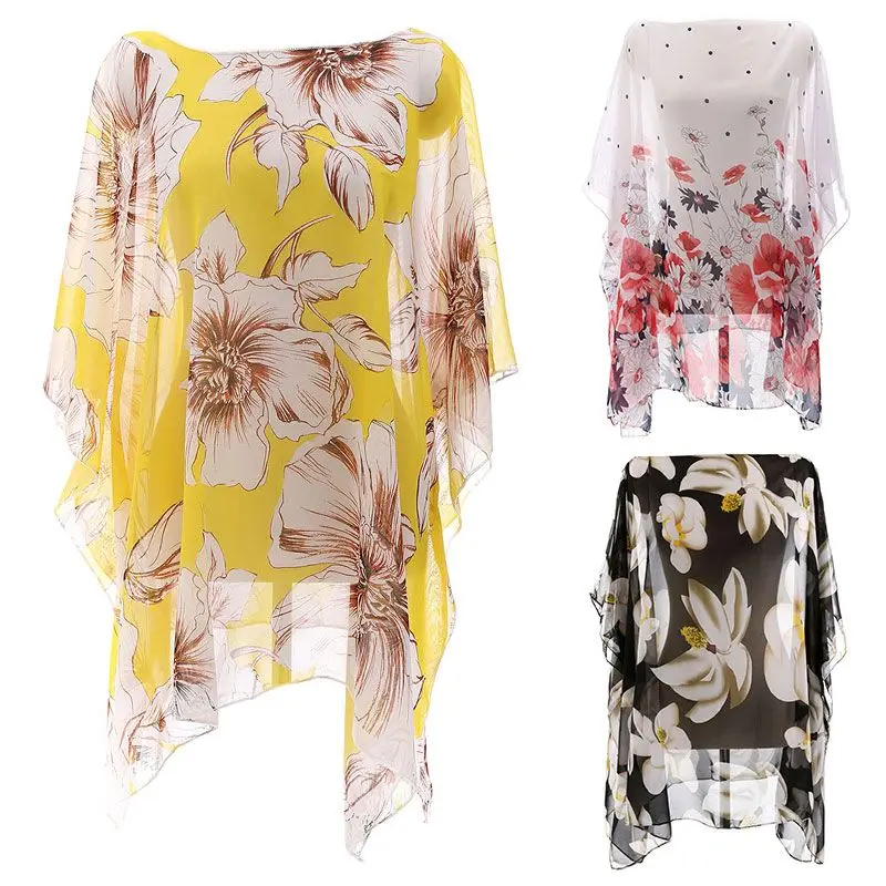 

3 Colors Women Summer Pullover Sunproof Swimsuit Cover Up Boho Retro Colored Floral Polka Dot Printed Kimono Tops Oversized Loos