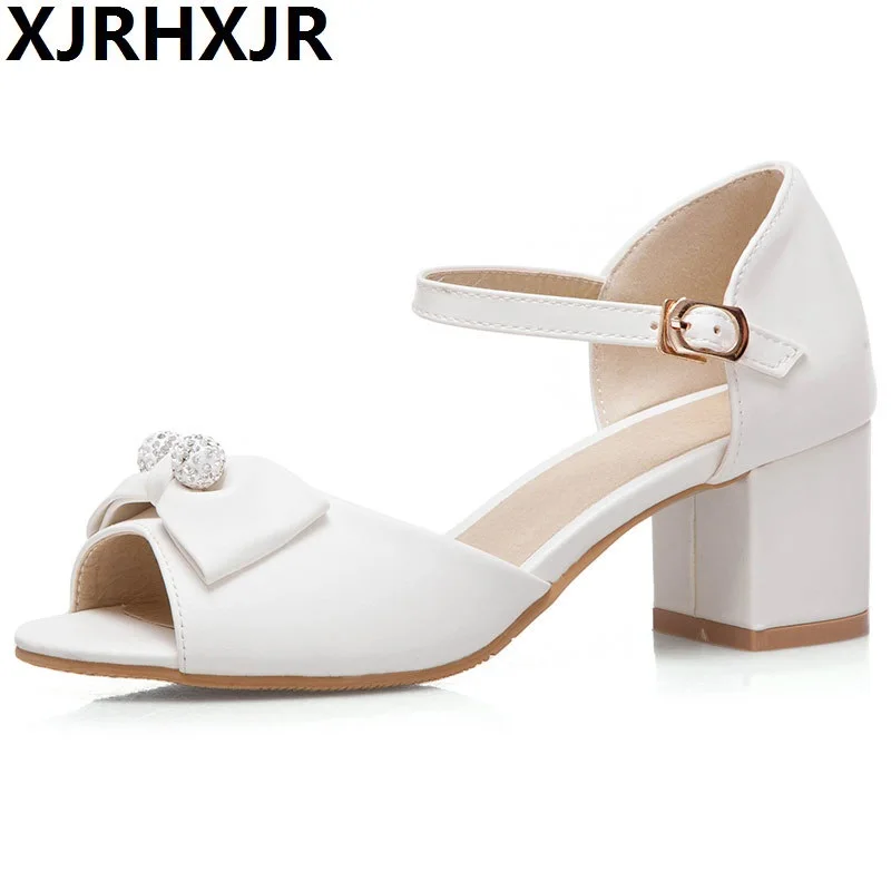 

XJRHXJR Female Sandals Big Size32-43 2018 New Sweet Style Bow Rhinestone Thick Heel Peep Toe Platform Sandals Women Summer Shoes