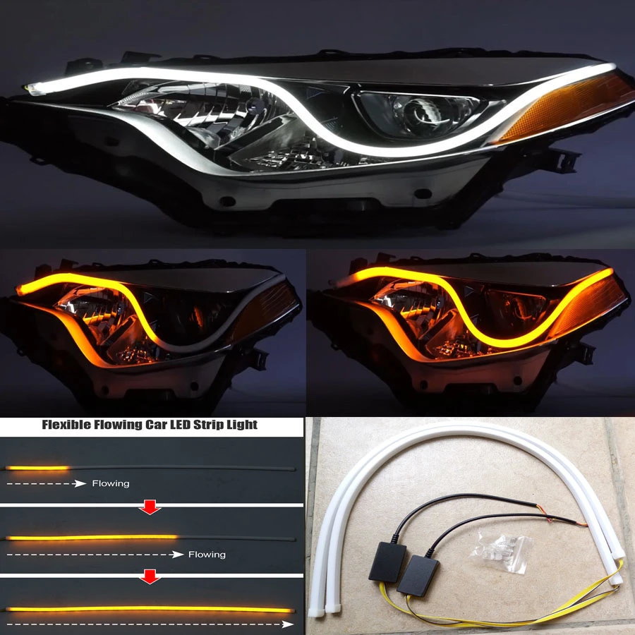 UK 2X 60cm Car LED Light Strip Tube Switchback Flexible DRL Turn Signal Amber