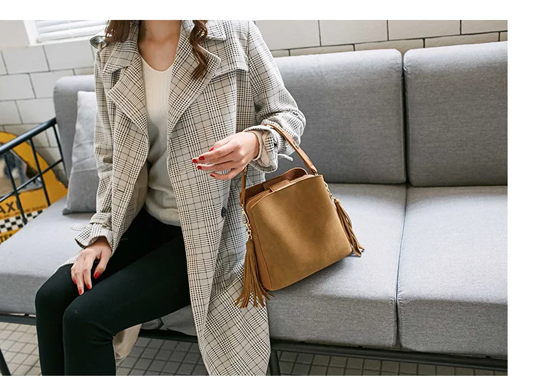 Женская Замшевая сумка на плечо с кисточками, Женские винтажные сумки через плечо для женщин, нубук, сумка-мешок, Дизайнерские повседневные сумки