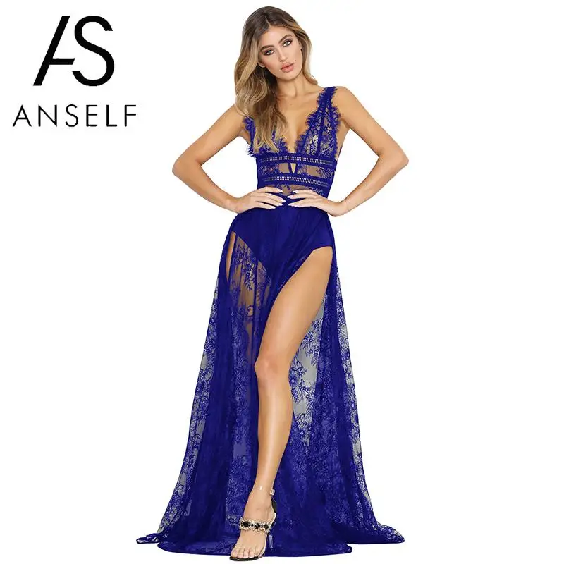 

Anself Sexy Women Sheer Lace Maxi Dress Deep V Neck Sleeveless Backless Dress High Split Solid Slim Long Dress Black/Red/Blue