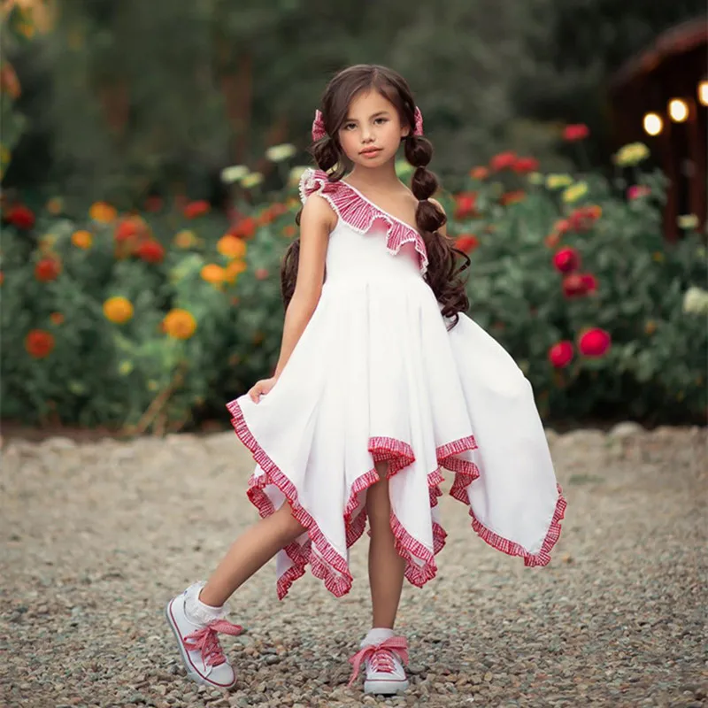 

Baby Girl Dress 2019 Summer New Girls Pure Color Ruffled Irregular Diagonal Collar Princess Dresses Baby Girl Clothes For 1-6Y
