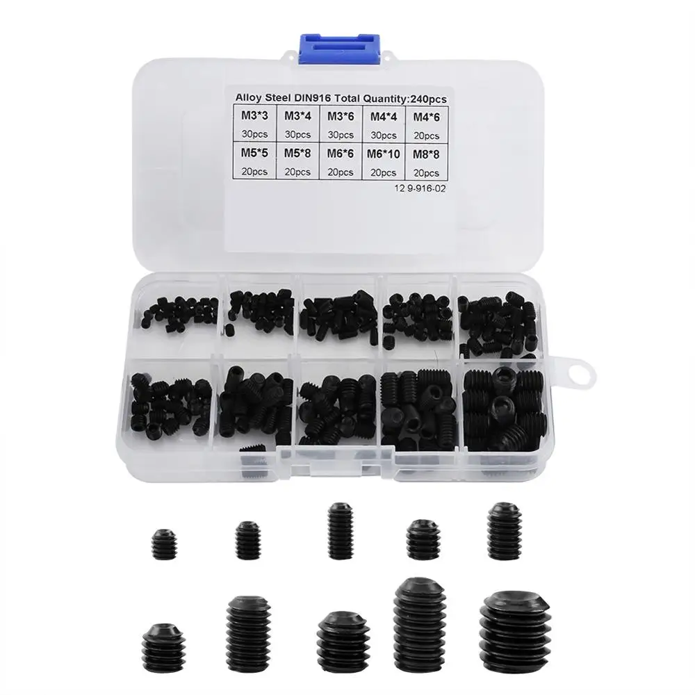 

240Pcs/Set Socket Screw Nut Metric Assortment Allen Head Socket Hex Set Grub Screw Box Kit DIN916 M3-M8 Bolts And Nuts