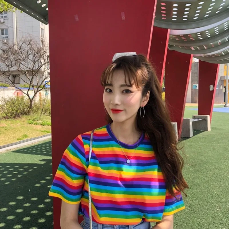 Kawaii женская футболка Ulzzang летняя короткий рукав цветная в полоску Япония Harajuku