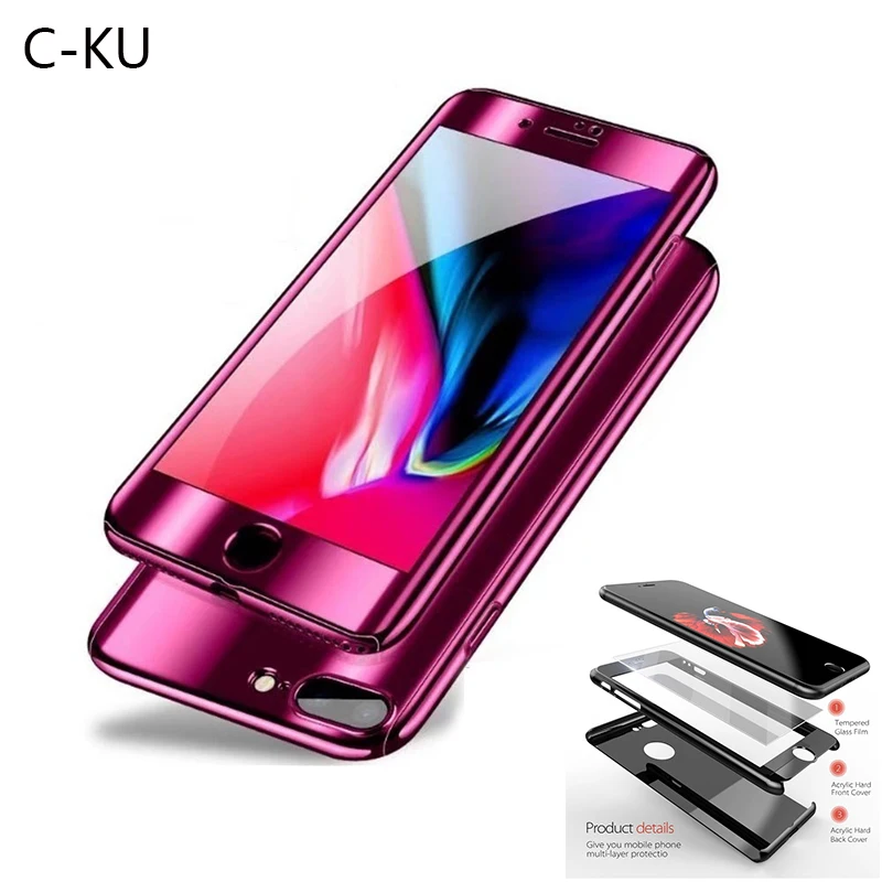 

Plating Mirror Case For iphone X 6 6s 8 8 Plus 7 7plus 360 Full Body protection Tempered Glass Hard Cover For iphone 5 5s se 10