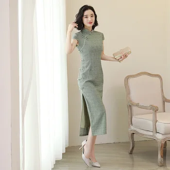 

Summer New Cotton Linen Plaid Qipao Elegant Party Prom Chinese Dress Vintage Mandarin Collar Short Sleeve Sexy Long Cheongsam
