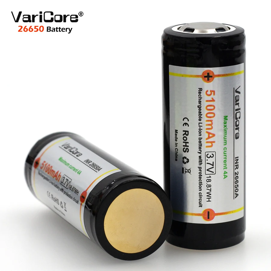 VariCore 26650 3,7 V литиевая батарея 26650 5100mAh 4A Защитная панель батарея для Вспышка подсветка