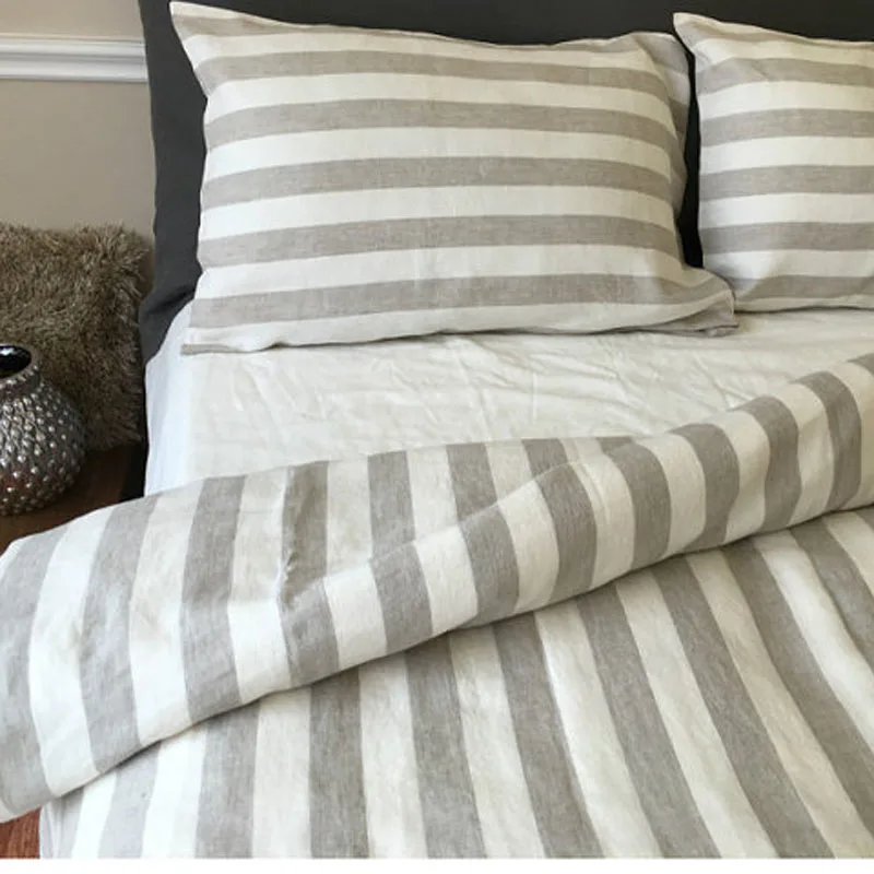 

Set of 4 Pre stone washed 100% Natural Linen Light Grey and Cream striped bedding duvet cover set+ 2 pillowcases + flat sheet