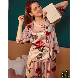 JRMISSLI сексуальный цветок Шелковый домашний костюм атласные пижамы для женщин пижамный комплект с длинным рукавом s из двух