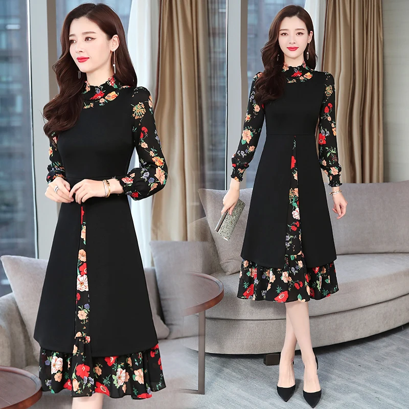 

Summer Women's Stitching Floral Large Size Long-sleeved Dress 2019 New V-neck Natural Elegant Waist Over Knee Sexy Dress A-Line