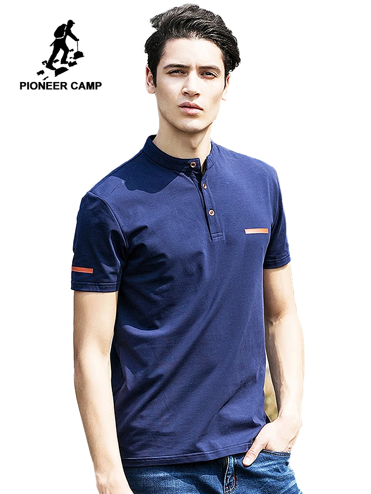 

Pioneer Camp 2017 new summer mens t shirts dark blue mandarin collar t shirt men casual short sleeve t-shirts fitness 620028
