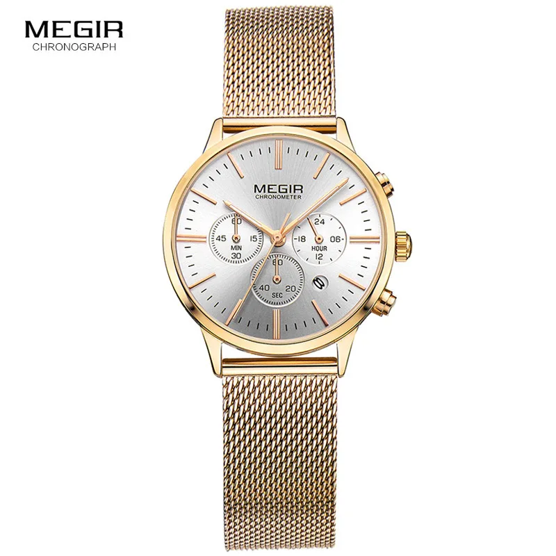 

Megir 2011 Women's Watches Chronograph Luminous Hands Date Indicator Stainless Steel Mesh Strap Quartz Wrist Lady Rose Gold