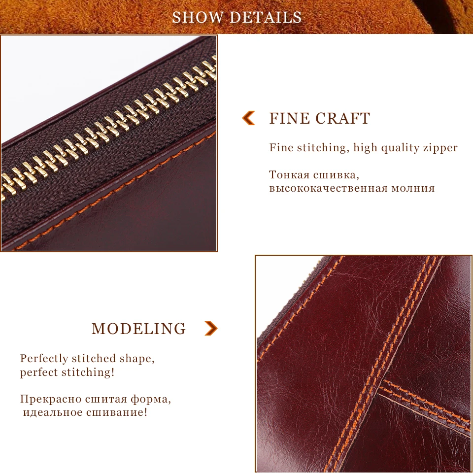 Brand Genuine Cowhide Leather Portomonee Vintage Zipper Male Wallet Wristlets Men Long Phone Clutch with Coin Purse Pocket