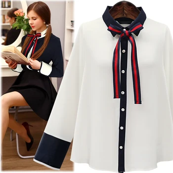 

Preppy Style Bow Women Shirt Blouse Chiffon 2017 New Women's Blouses Shirt Long Sleeve Elegant Solid Color White Shirt Top