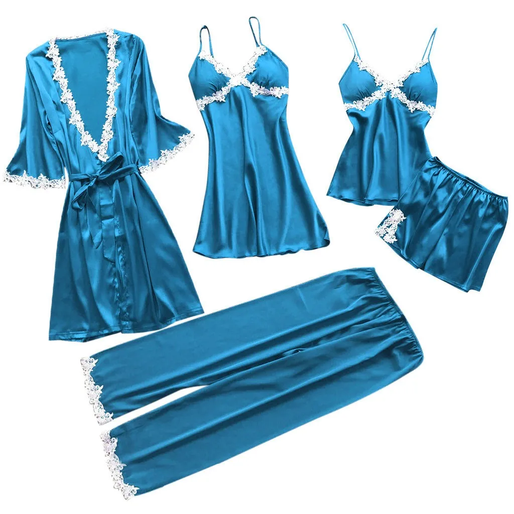 Ночное белье, халат, Женское кружевное белье, атласное ночное белье, женское ночное белье с v-образным вырезом, ночная сорочка - Цвет: Dark Blue