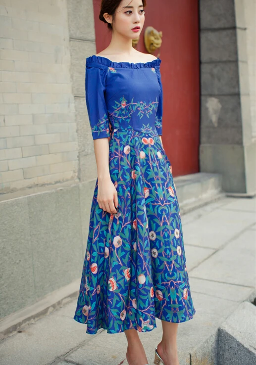

Free Shipping Fashion Retro Off Shoulder Half Sleeve Flower Color Block Woman Long Dress Blue