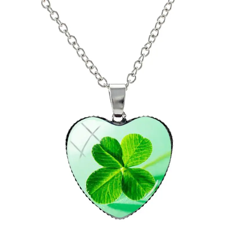 JWEIJIAO, зеленые растения, четырехлистный клевер, ожерелье s в форме сердца, стеклянный кабошон, фото, подвески, ожерелье, серебряный цвет, длинная цепочка HP215 - Окраска металла: QF330