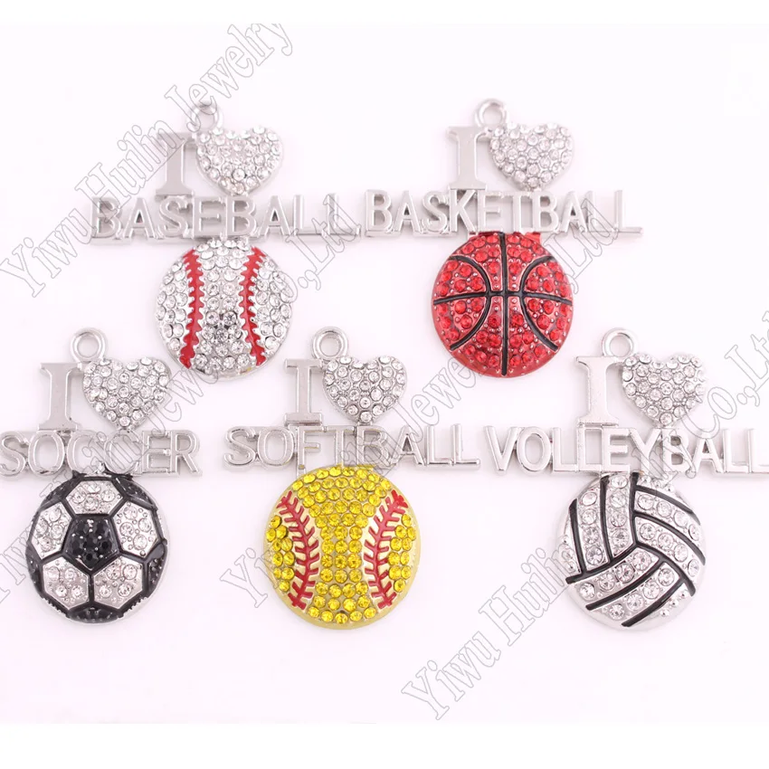 

New Arrival 10 pcs a lot rhodium plated with crystal I LOVE BASEBALL/BASKETBALL/SOCCER/SOFTBALL/ VOLLEYBALL pendant