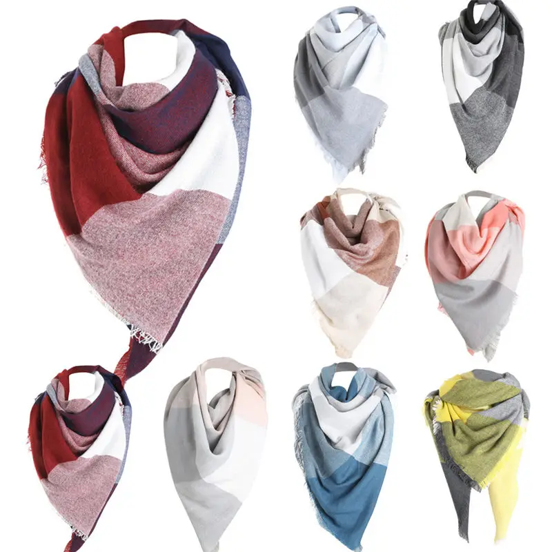  Women Winter Warm Color Stitching Long Wool Shawl Plaid Soft Neck women's scarves handkerchief hija