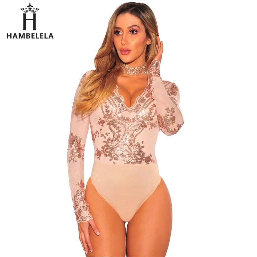HAMBELELA Long Sleeve Bodysuit Women Gold Sequin Deep V-Neck Skinny Bodycon Jumpsuit Womens Overalls Combinaison Short Femme (13)
