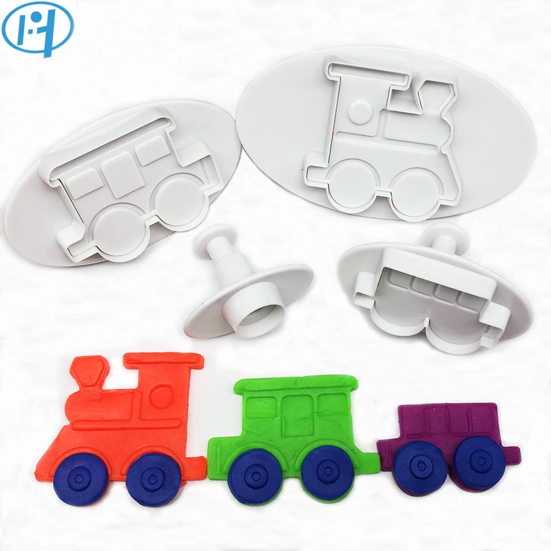 

4pcs Train Plastic Plunger Cutter Cookie Mold Embossing Cake Decorating Tool Cake fondant mold Cartoon DIY