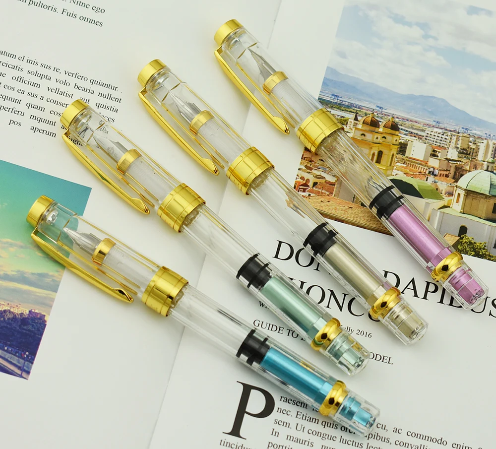 Caneta para Escritório Escola de Negócios Sung Pistão Transparente Wingsung Caneta Fonte Conjunto ef - f Prata Goldentrim Tinta Presente 4 Pçs Asa 3008 8 High Quality Material escolar e de escritório