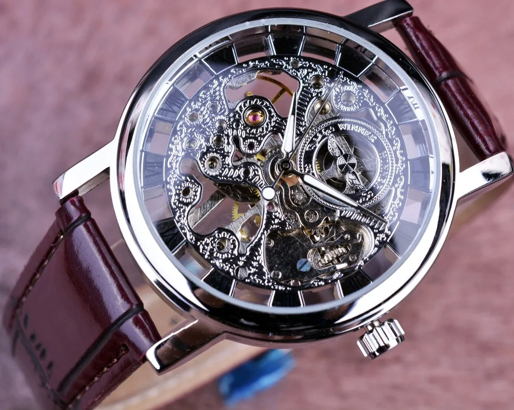Winner Royal Carving Skeleton Brown Leather Strap Silver Case Transparent Case Men Watch Top Brand Luxury Mechanical Watch Clock
