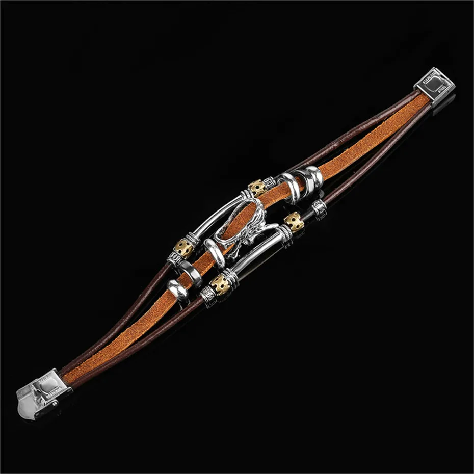 Antique Stainless Steel Dragon Head Design Brown Genuine Leather Rope Chain Men Women Bracelets Bohemia Charm Gift (12)