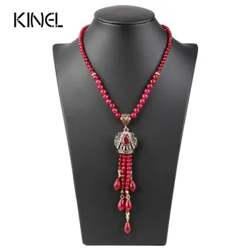 

Luxury Vintage Long Tassel Pendant Necklace For Women Antique Gold Color Turkish Red Crystal Sweater Indian Bijoux