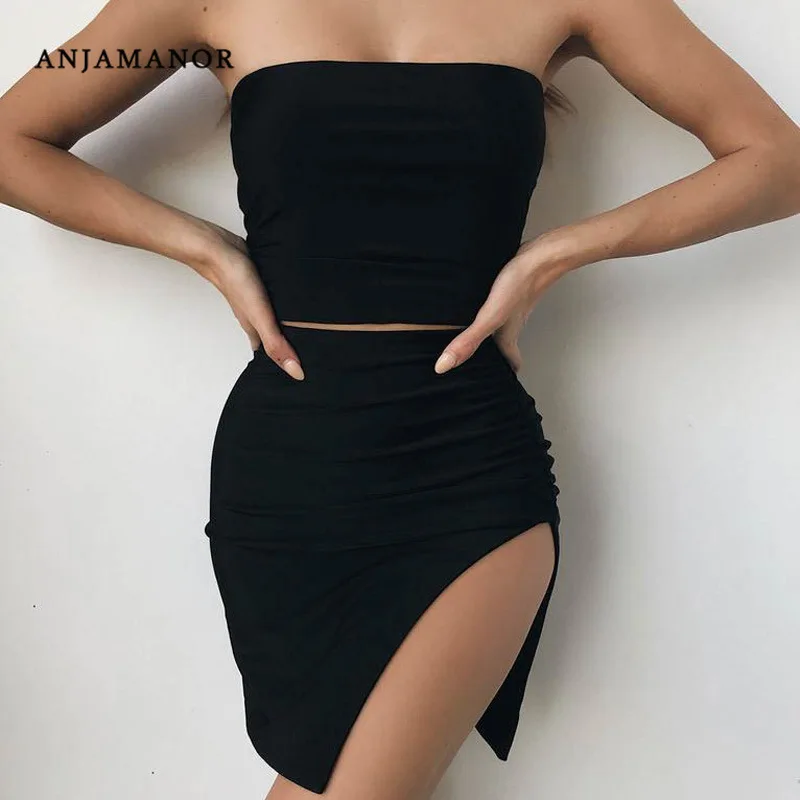 ANJAMANOR 2019 сексуальный летний комплект из 2 предметов короткий топ и юбка неоновое
