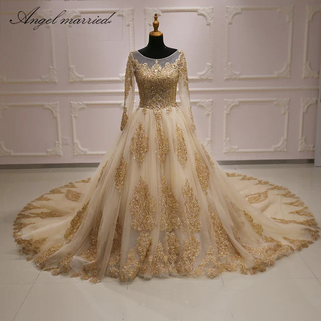 Angel Married wedding dress champagne long sleeve Bridal Gown with tail