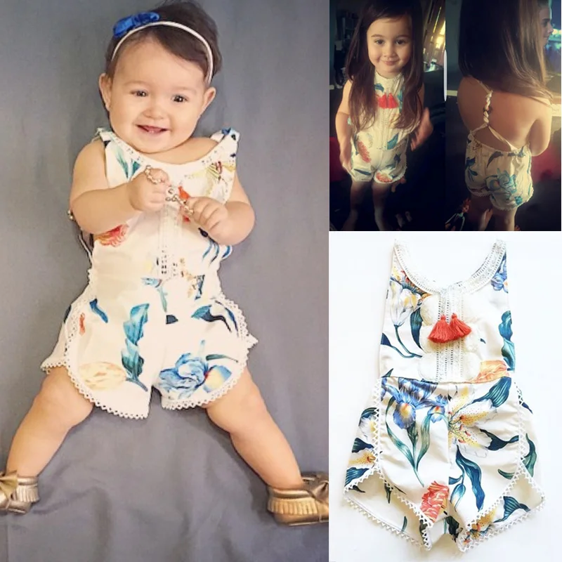Хлопок для новорожденных для маленьких девочек без рукавов Кружево комбинезон Лили печати Комбинезоны пляжный костюм наряды