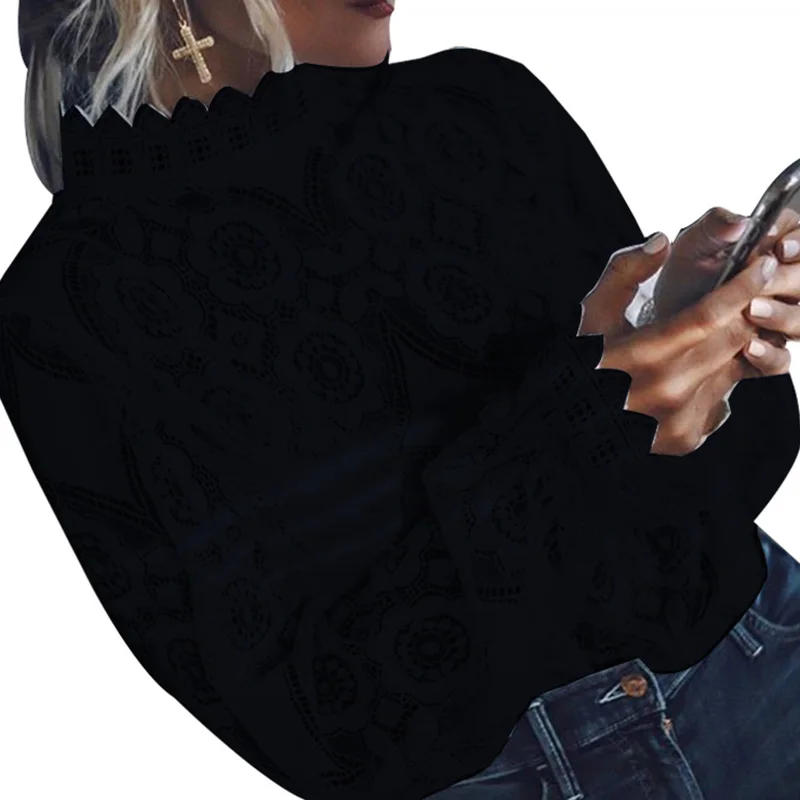 Кружевная блуза с цветочным узором «кроше», Женские топы с длинным рукавом, черная белая блузка, рубашка, элегантные женские топы и Летняя женская блуза blusas